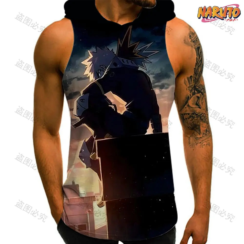 Anime Man Sleeveless Shirt Hooded Vest Trend Men's Clothes Naruto High Quality Gym Clothing 2024 Bodybuilding Fashion T-shirts