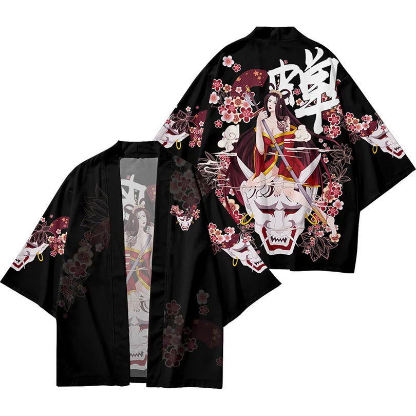 Harajuku Tops Robe Fashion Asian Clothes Anime Demon Print Kimono + Pants Japanese Streetwear Men Women Cardigan Cosplay Haori