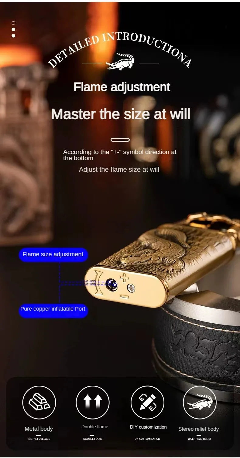 3D Embossed Dragon Crocodile Dual Fire Lighter Metal Windproof Jet Fire Open Flame Convertible Gas Lighter Smoking Men Gift