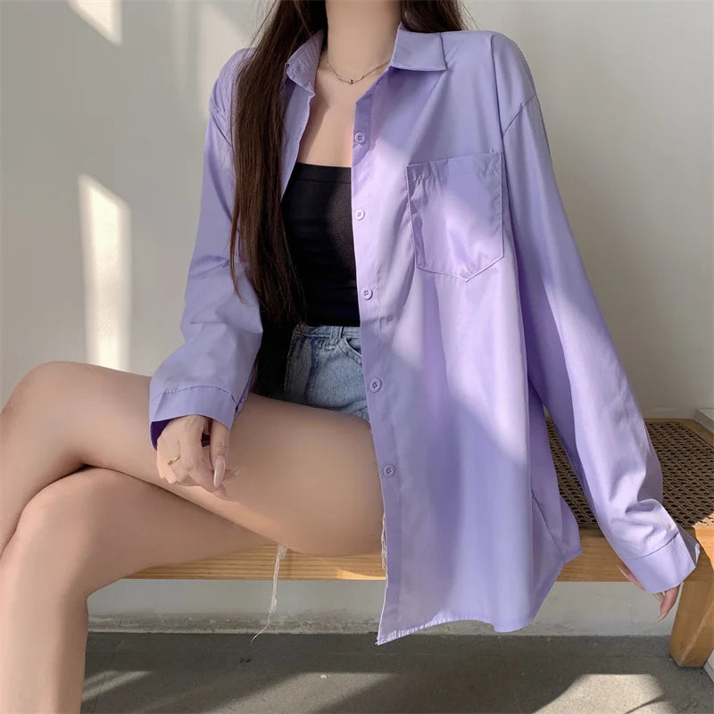 Beiyingni 2024 Spring Autumn Women Shirts White Plain Loose Oversized Blouses Female Tops Loose BF Korean Style Blusas Pockets