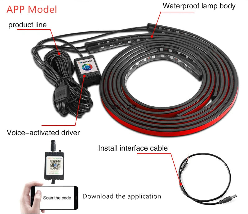 RGB Flexible Car Underglow Light Strip 12V LED Underbody Ambient Light With App Control Neon Auto Decorative Atmosphere Lamps