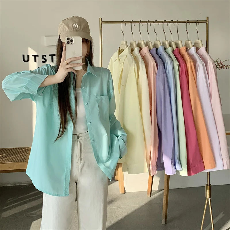 Beiyingni 2024 Spring Autumn Women Shirts White Plain Loose Oversized Blouses Female Tops Loose BF Korean Style Blusas Pockets