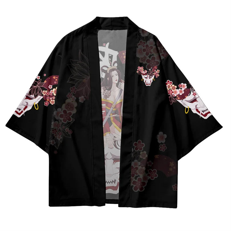 Harajuku Tops Robe Fashion Asian Clothes Anime Demon Print Kimono + Pants Japanese Streetwear Men Women Cardigan Cosplay Haori