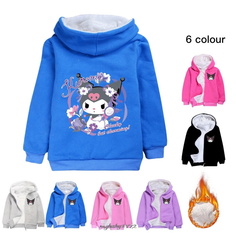 Lovely Kuromi Melody Clothes Kids Zipper Windbreaker Baby Boy Hoodies Children's Winter Clothing Girl Hooded Fleece Warm Jackets