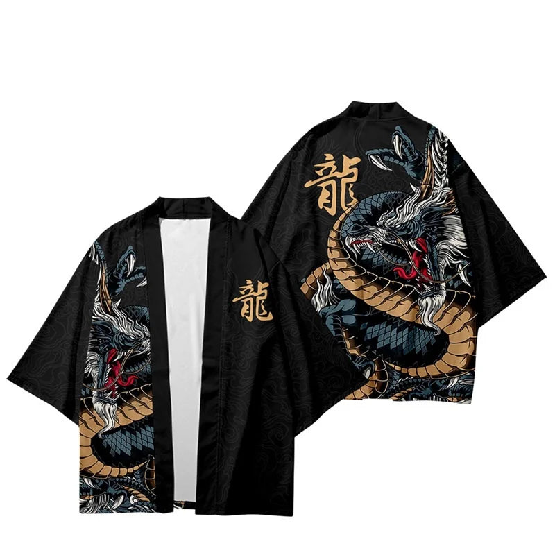 Harajuku Tops Robe Fashion Asian Clothes Anime Demon Print Kimono + Pants Japanese Streetwear Men Women Cardigan Cosplay Haori