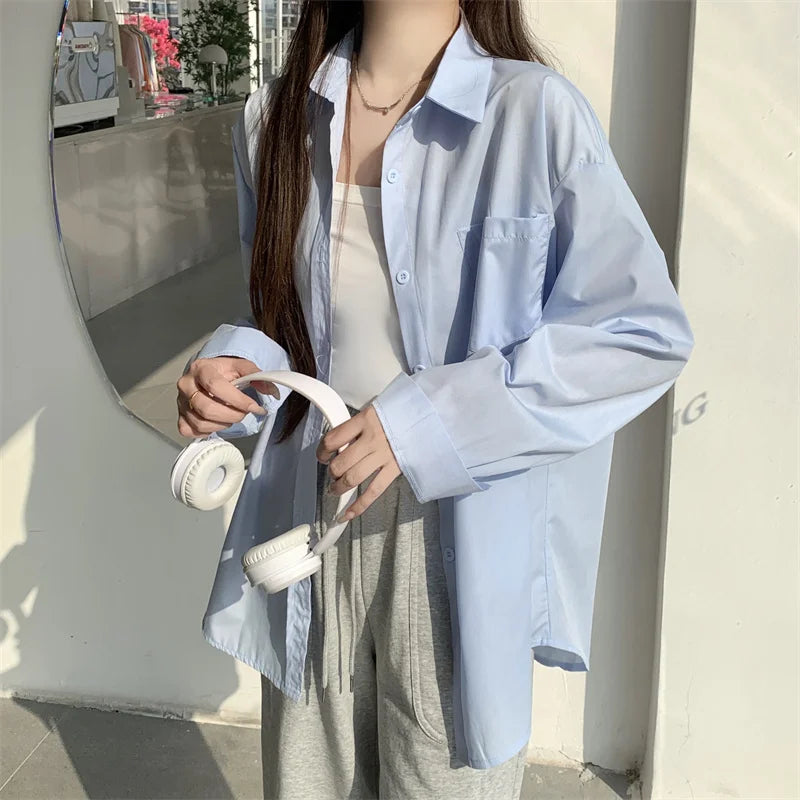 Beiyingni 2024 Spring Autumn Women Shirts White Plain Loose Oversized Blouses Female Tops Loose BF Korean Style Blusas Pockets