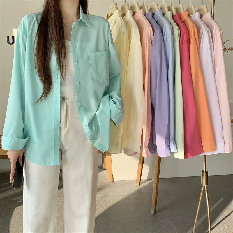 Beiyingni 2024 Spring Autumn Women Shirts White Plain Loose Oversized Blouses Female Tops Loose BF Korean Style Blusas Pockets