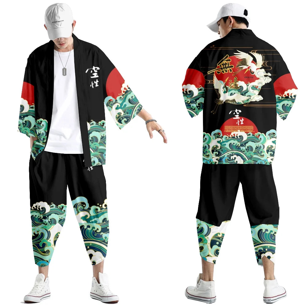 Harajuku Tops Robe Fashion Asian Clothes Anime Demon Print Kimono + Pants Japanese Streetwear Men Women Cardigan Cosplay Haori