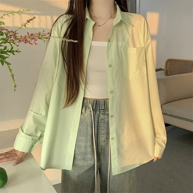 Beiyingni 2024 Spring Autumn Women Shirts White Plain Loose Oversized Blouses Female Tops Loose BF Korean Style Blusas Pockets