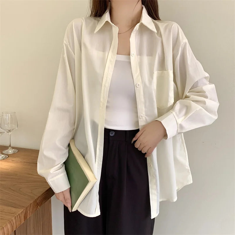 Beiyingni 2024 Spring Autumn Women Shirts White Plain Loose Oversized Blouses Female Tops Loose BF Korean Style Blusas Pockets