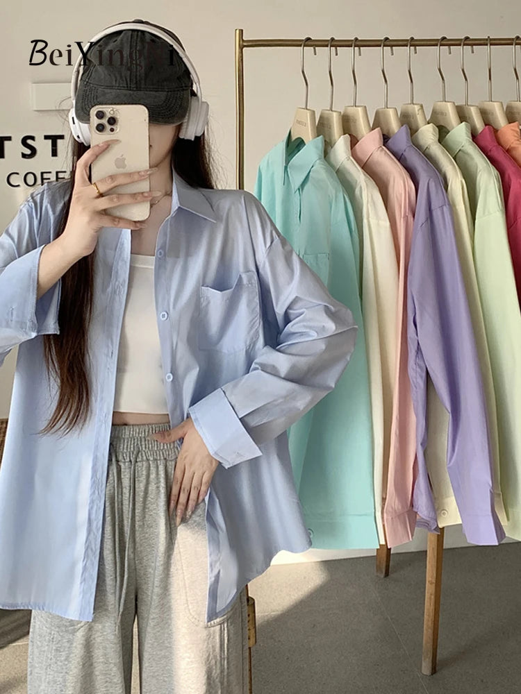 Beiyingni 2024 Spring Autumn Women Shirts White Plain Loose Oversized Blouses Female Tops Loose BF Korean Style Blusas Pockets