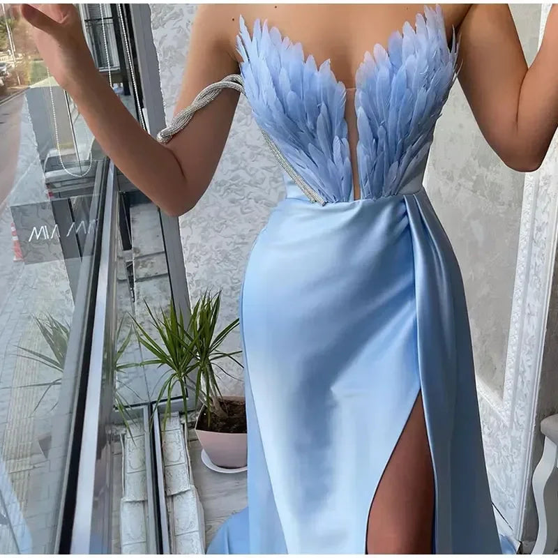 White Angel Feather Dress Luxury Design Women's Off Shoulder Elegant Long Dress Halloween Christmas Party Evening Wedding Dress