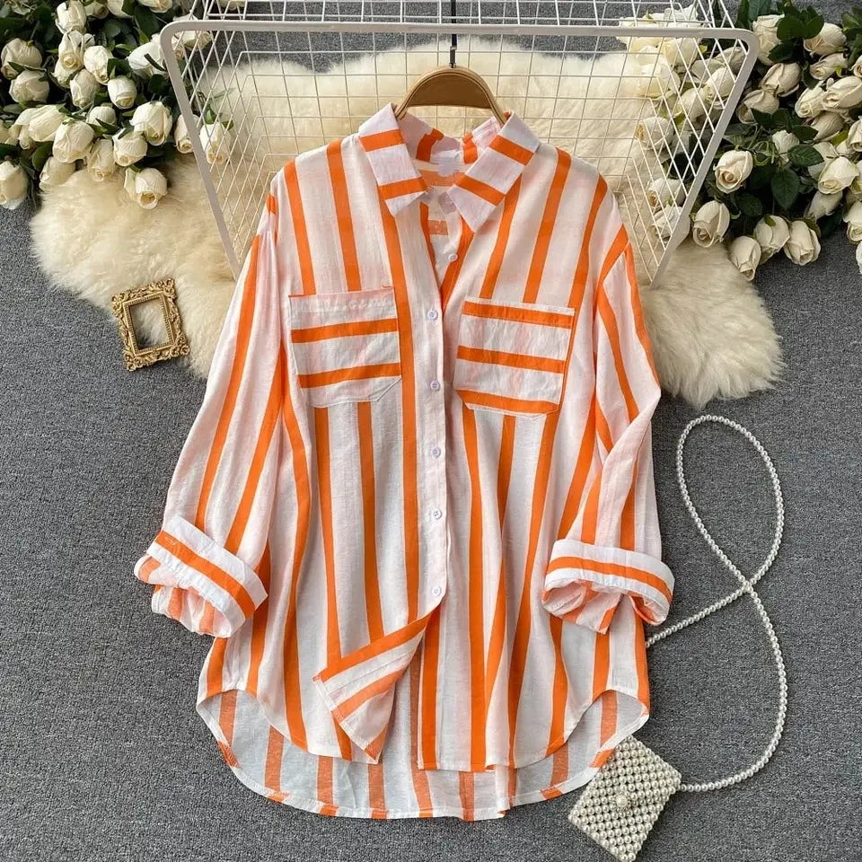 Spring Summer Striped Blouse Fashion Turn-down Collar Long Sleeve Button Top Casual Shirt Female Holiday Loose Tops Shirts New