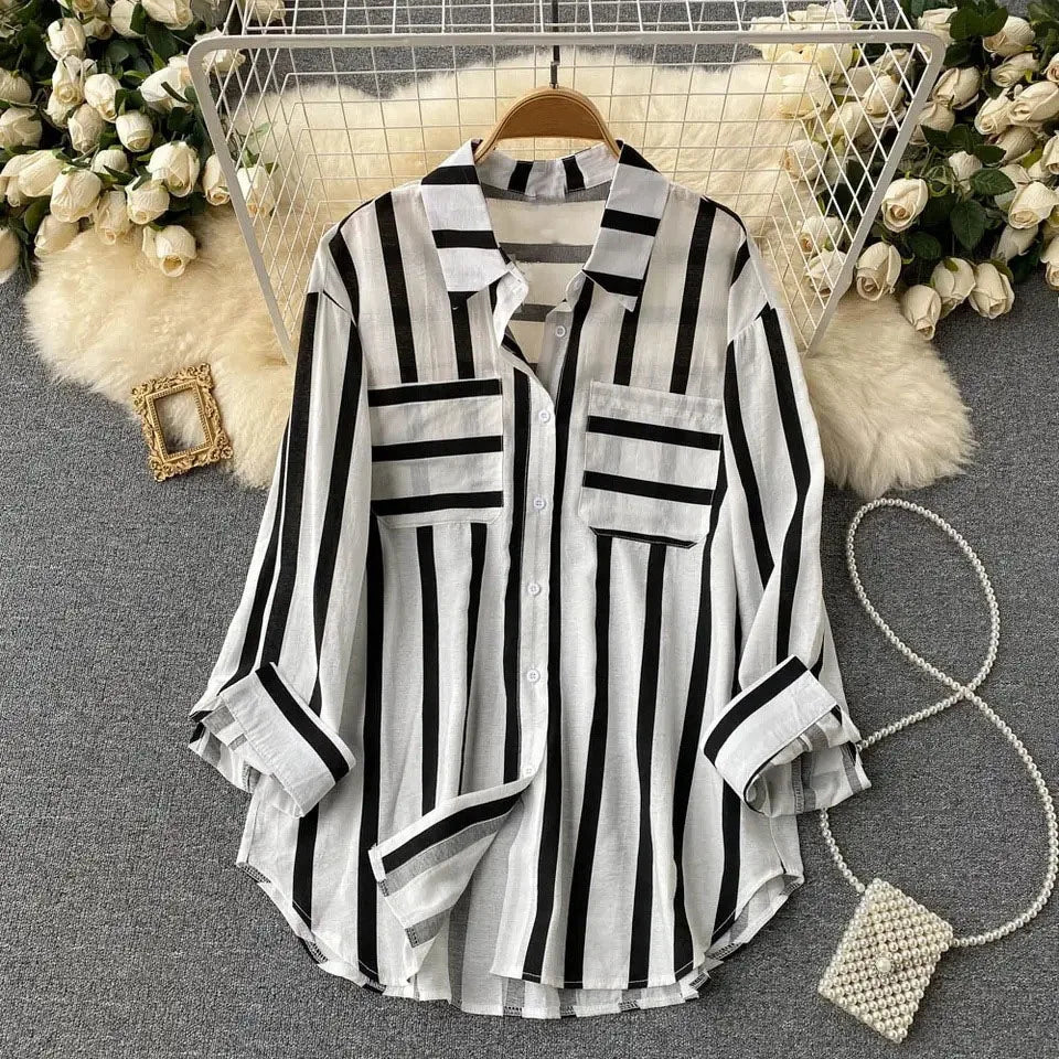 Spring Summer Striped Blouse Fashion Turn-down Collar Long Sleeve Button Top Casual Shirt Female Holiday Loose Tops Shirts New