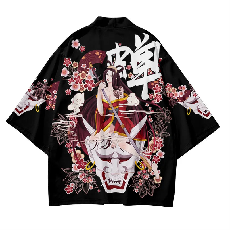 Harajuku Tops Robe Fashion Asian Clothes Anime Demon Print Kimono + Pants Japanese Streetwear Men Women Cardigan Cosplay Haori