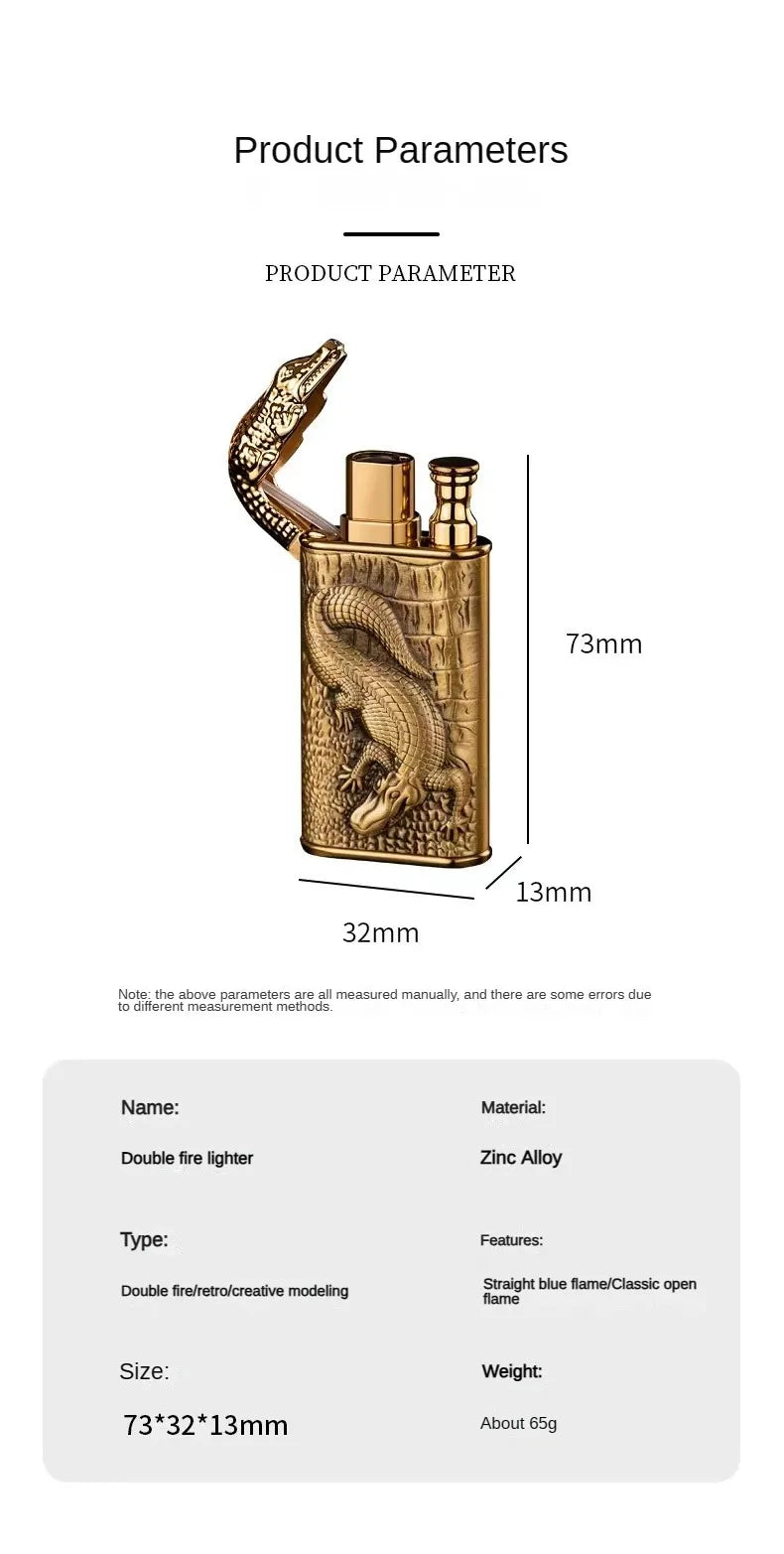 3D Embossed Dragon Crocodile Dual Fire Lighter Metal Windproof Jet Fire Open Flame Convertible Gas Lighter Smoking Men Gift