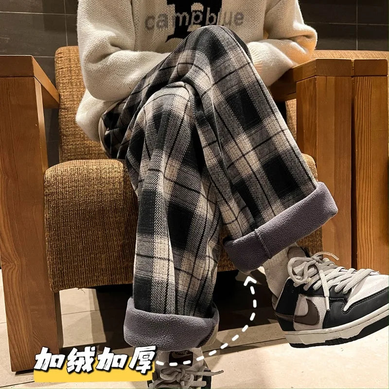 Men Winter Retro Plaid Wide Leg Trousers