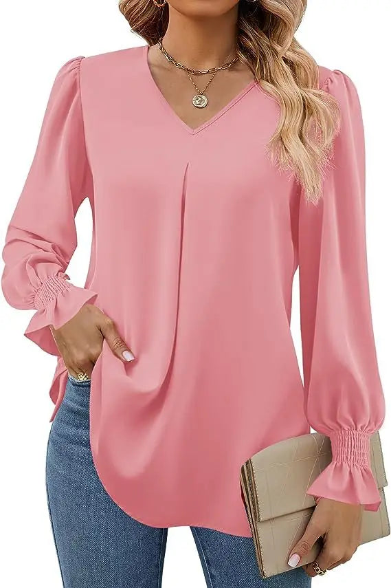 Women's New Solid Color Chiffon Shirt V-neck Pullover Flared Long Sleeved Top Shirt Office Lady Elegant Khaki Loose Blouses