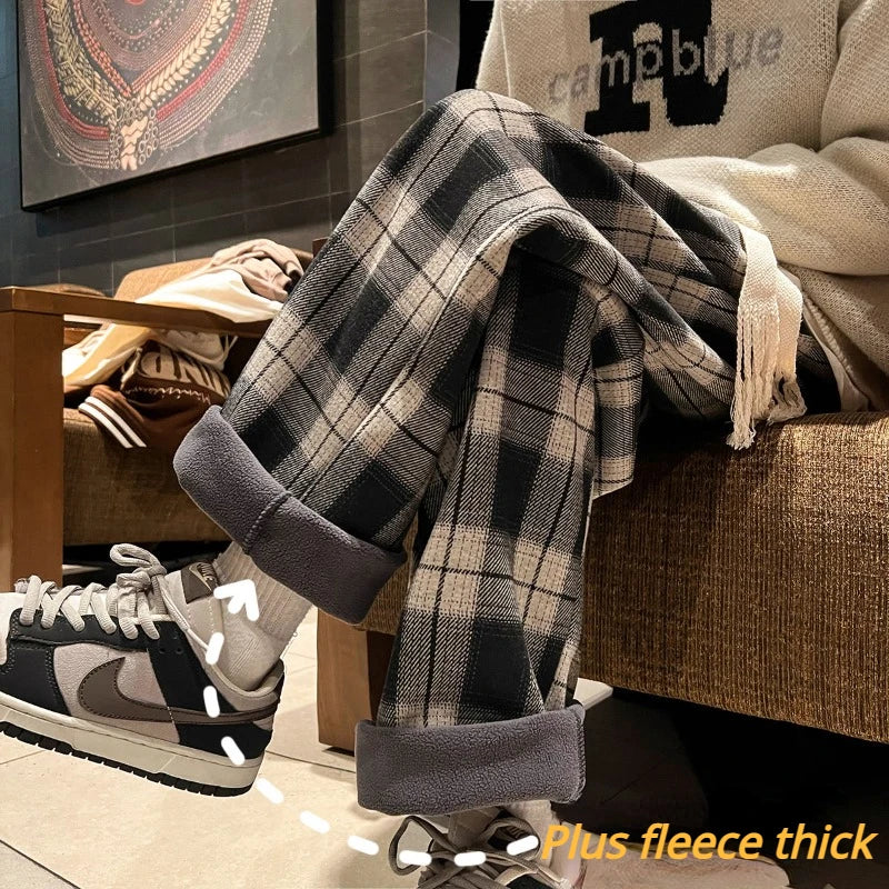 Men Winter Retro Plaid Wide Leg Trousers