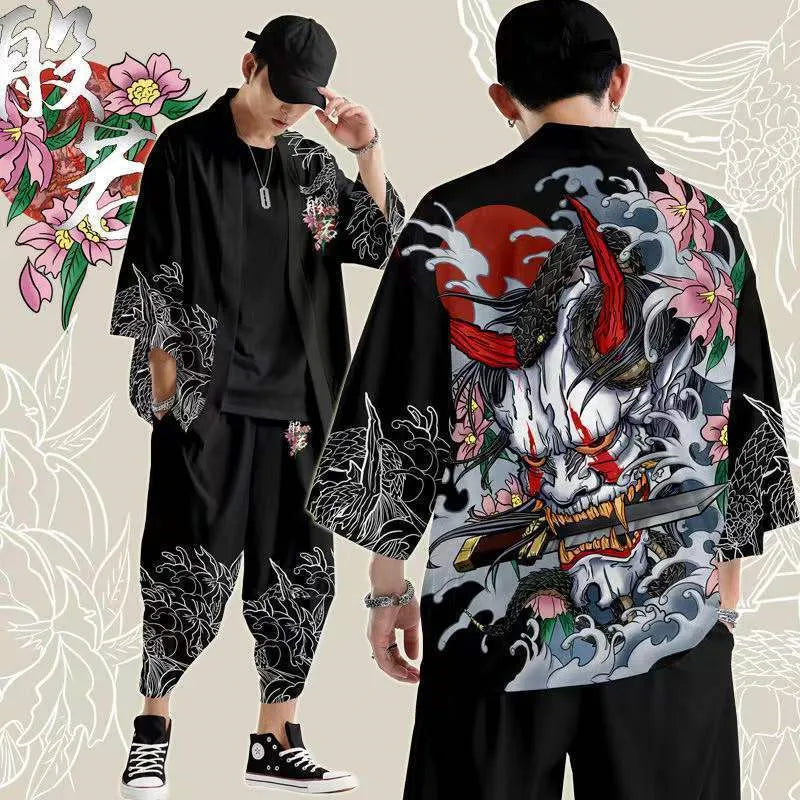 Harajuku Tops Robe Fashion Asian Clothes Anime Demon Print Kimono + Pants Japanese Streetwear Men Women Cardigan Cosplay Haori