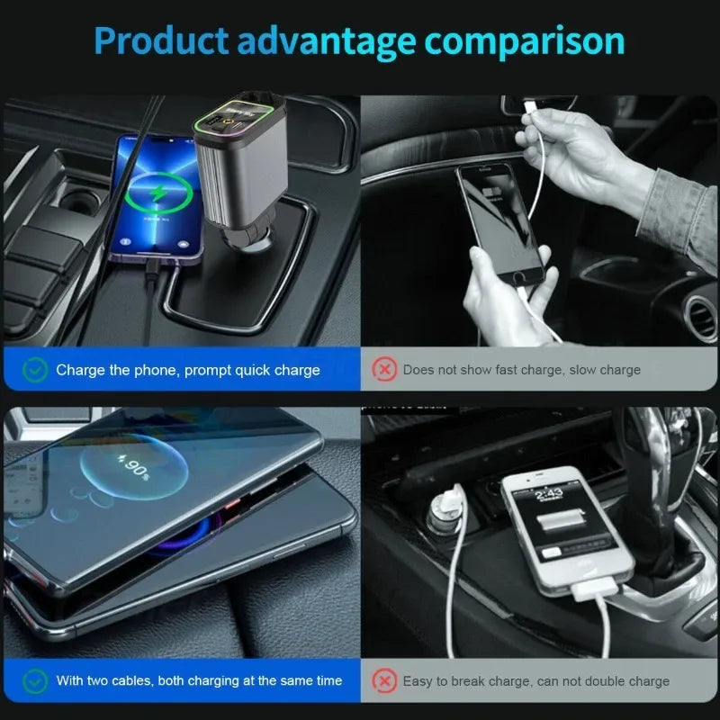 Upgraded 120W PD+USB Quick Charger with 2 Retractable Cable Fast Charging Car Phone Charge w/ Ambient light 4 in 1 Power Adapter