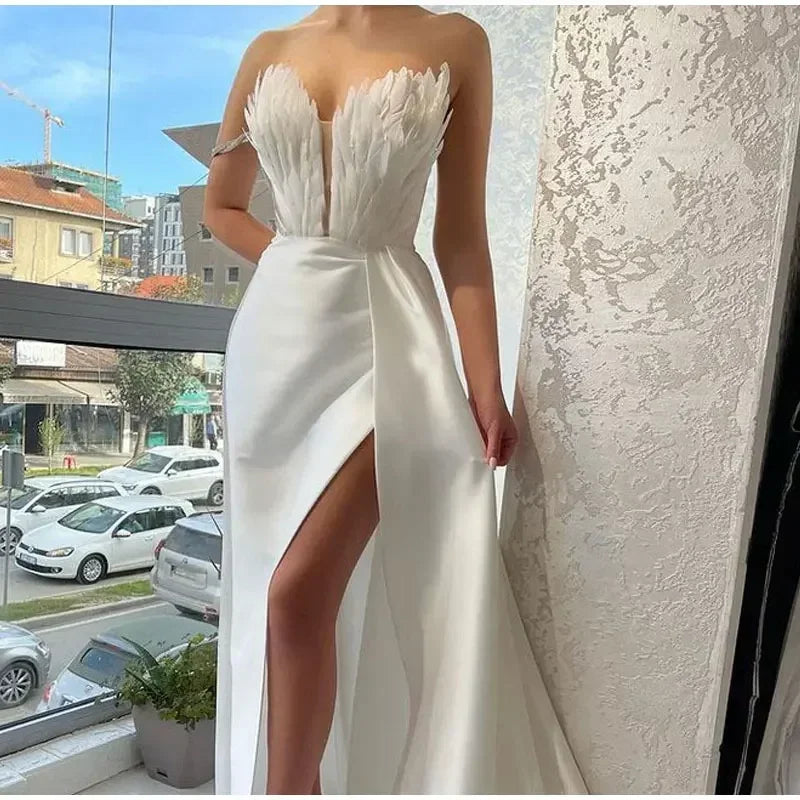 White Angel Feather Dress Luxury Design Women's Off Shoulder Elegant Long Dress Halloween Christmas Party Evening Wedding Dress