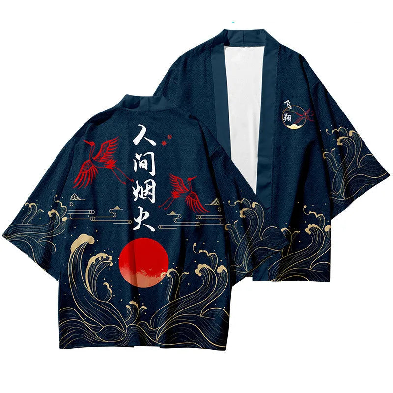 Harajuku Tops Robe Fashion Asian Clothes Anime Demon Print Kimono + Pants Japanese Streetwear Men Women Cardigan Cosplay Haori