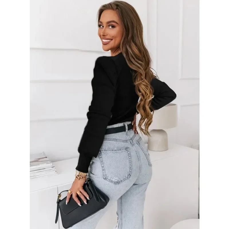 Autumn and Winter S-2XL Fashionable Casual Mesh Bead Splicing Long Sleeved Solid Color Women's Loose Top