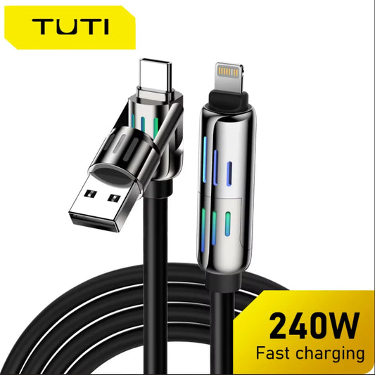 TUTI-USB Fast Charging Cable, 2-in-2, PD240W, Colorful Ambient Light, Liquid Silicone Material, iPhone, Samsung, Huawei, Xiaomi