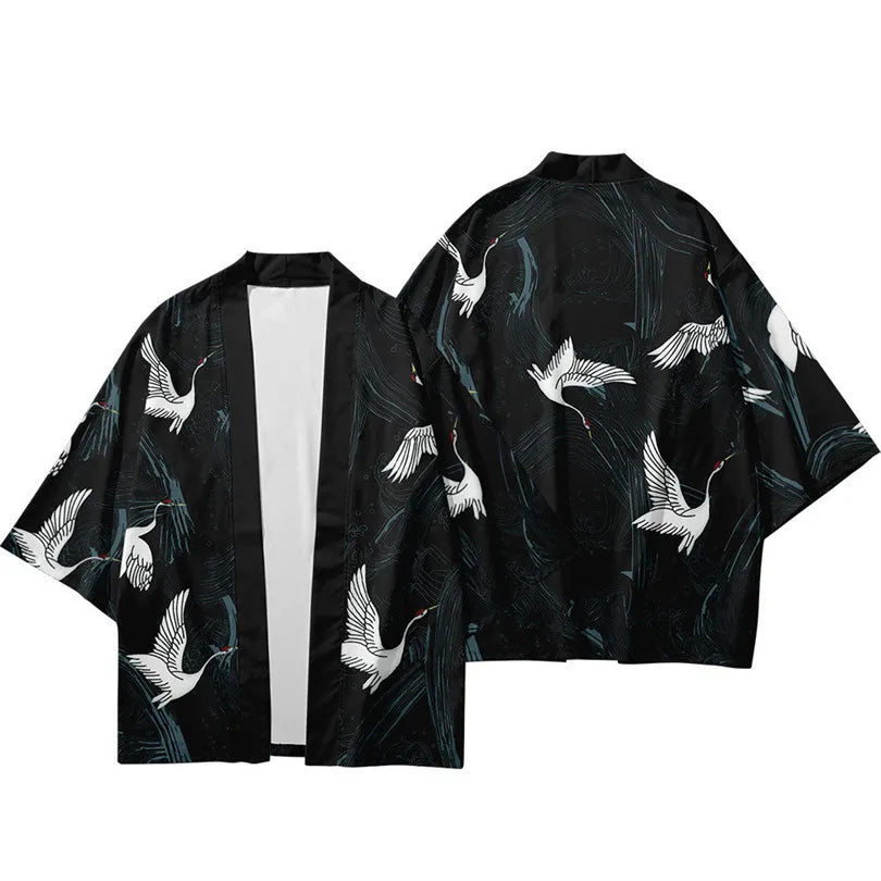 Harajuku Tops Robe Fashion Asian Clothes Anime Demon Print Kimono + Pants Japanese Streetwear Men Women Cardigan Cosplay Haori