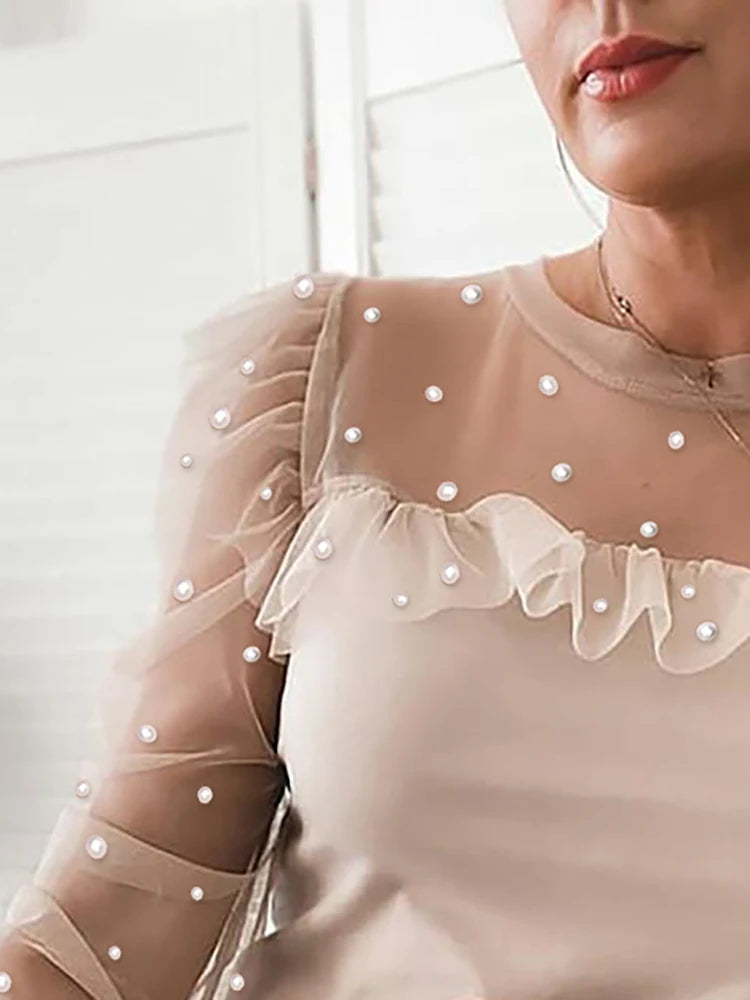 Beaded Sheer Mesh Ruffled Top