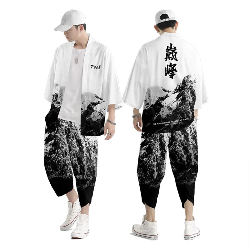 Harajuku Tops Robe Fashion Asian Clothes Anime Demon Print Kimono + Pants Japanese Streetwear Men Women Cardigan Cosplay Haori