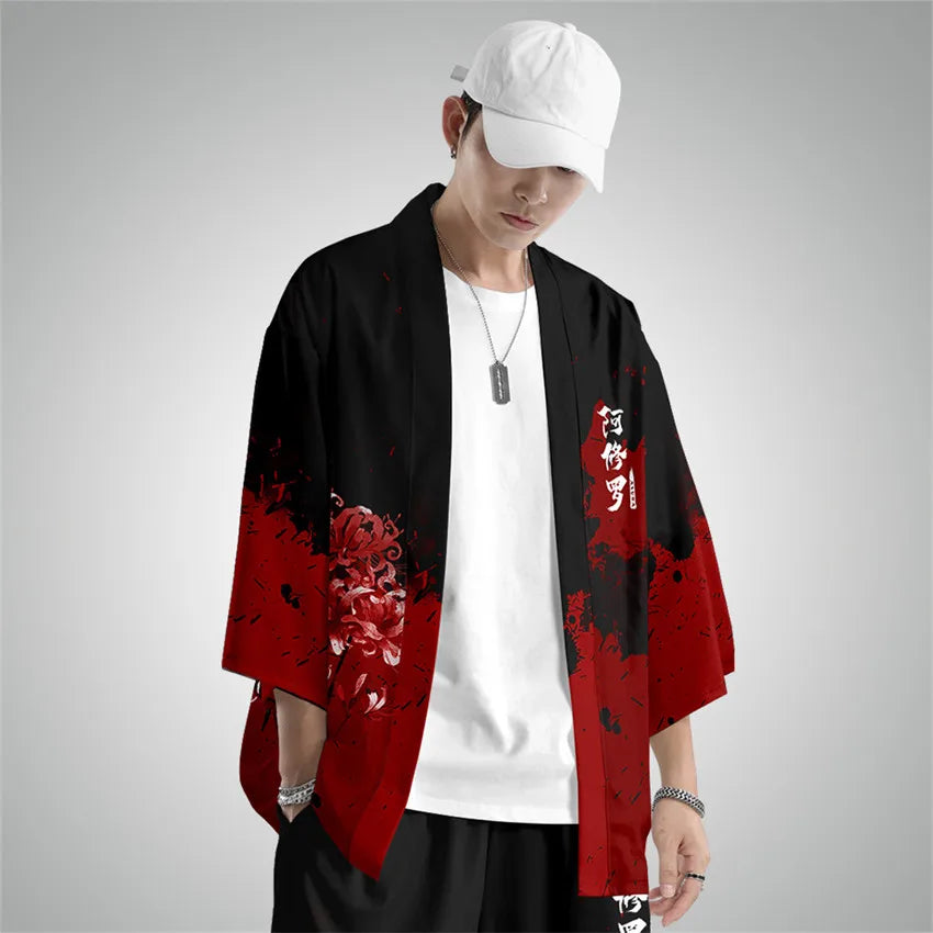 Harajuku Tops Robe Fashion Asian Clothes Anime Demon Print Kimono + Pants Japanese Streetwear Men Women Cardigan Cosplay Haori