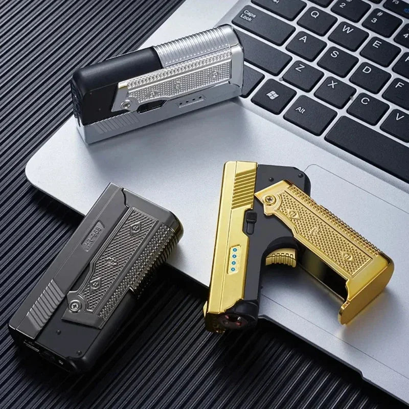 New Gas Electric Dual Flame Lighter Foldable Pistol Shaped Butane USB Lighter Cool Smoking Cigar Tool Birthday Gift