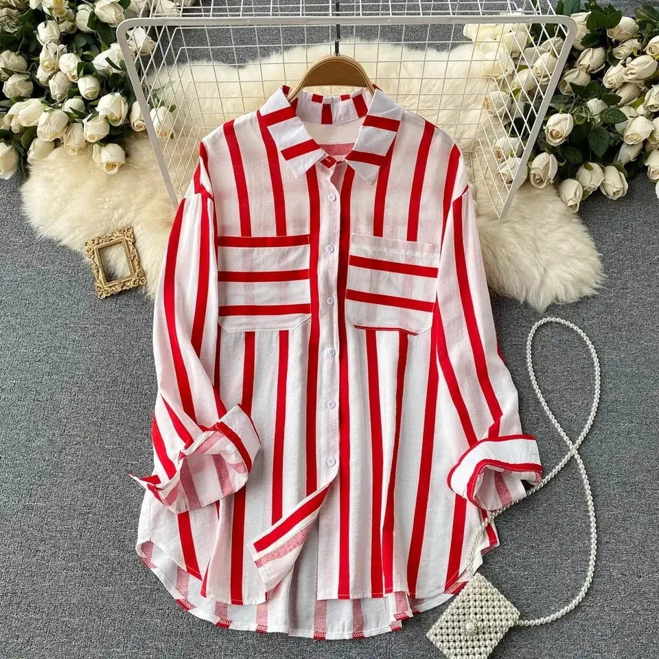 Spring Summer Striped Blouse Fashion Turn-down Collar Long Sleeve Button Top Casual Shirt Female Holiday Loose Tops Shirts New