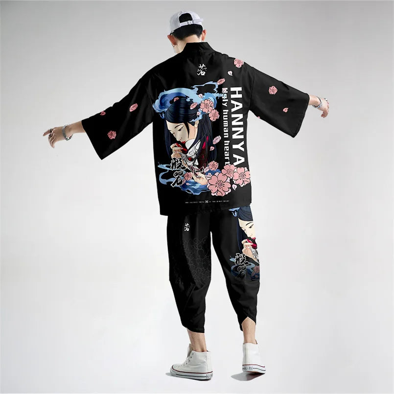 Harajuku Tops Robe Fashion Asian Clothes Anime Demon Print Kimono + Pants Japanese Streetwear Men Women Cardigan Cosplay Haori