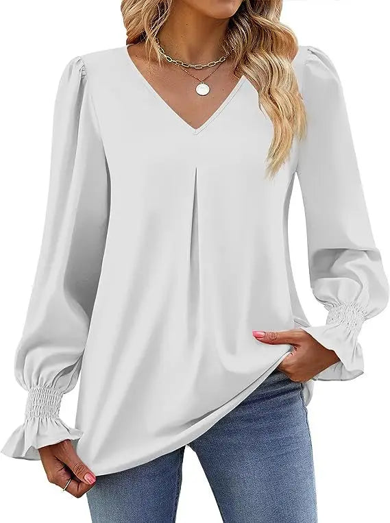 Women's New Solid Color Chiffon Shirt V-neck Pullover Flared Long Sleeved Top Shirt Office Lady Elegant Khaki Loose Blouses