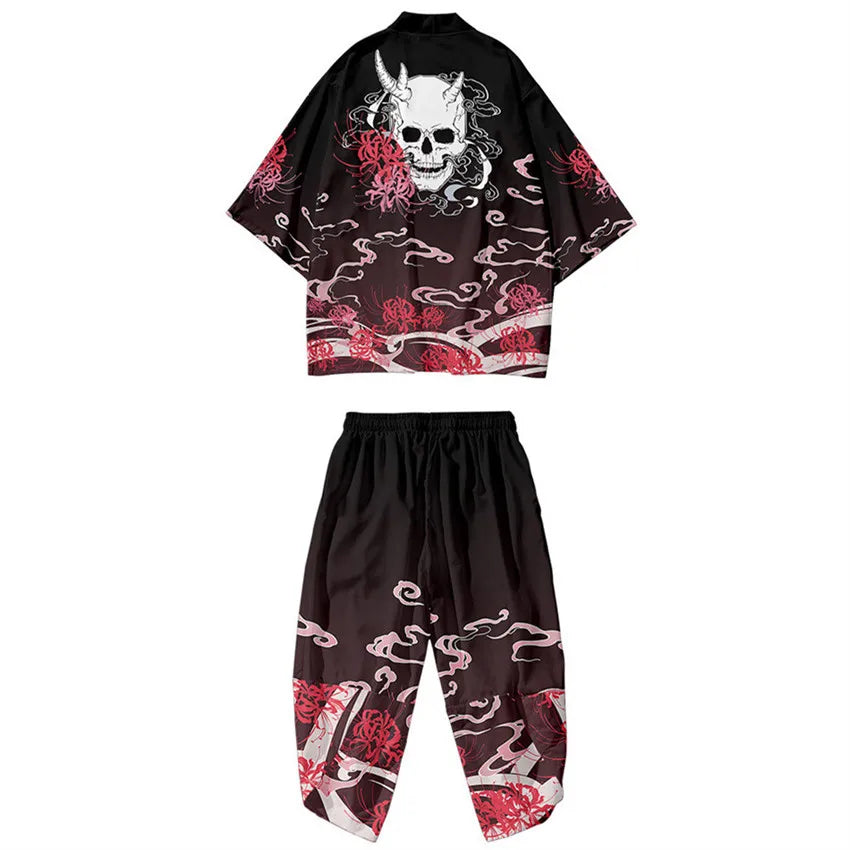 Harajuku Tops Robe Fashion Asian Clothes Anime Demon Print Kimono + Pants Japanese Streetwear Men Women Cardigan Cosplay Haori