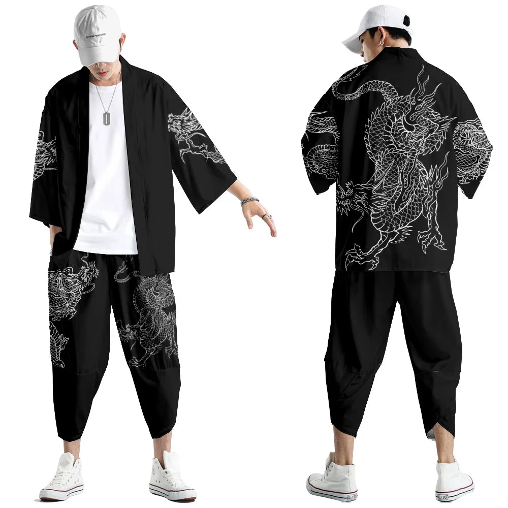 Harajuku Tops Robe Fashion Asian Clothes Anime Demon Print Kimono + Pants Japanese Streetwear Men Women Cardigan Cosplay Haori