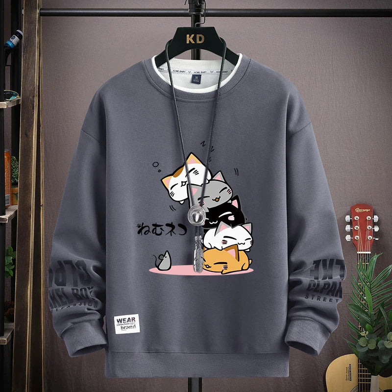 Spring Men's Sweatshirt Japan Cartoon Cats Printed Long Sleeve T-shirt Fashion Men's Clothing Khaki O Neck Harajuku Top 2024 New