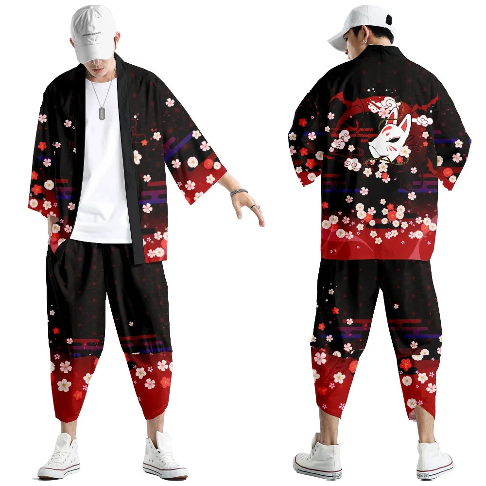 Harajuku Tops Robe Fashion Asian Clothes Anime Demon Print Kimono + Pants Japanese Streetwear Men Women Cardigan Cosplay Haori