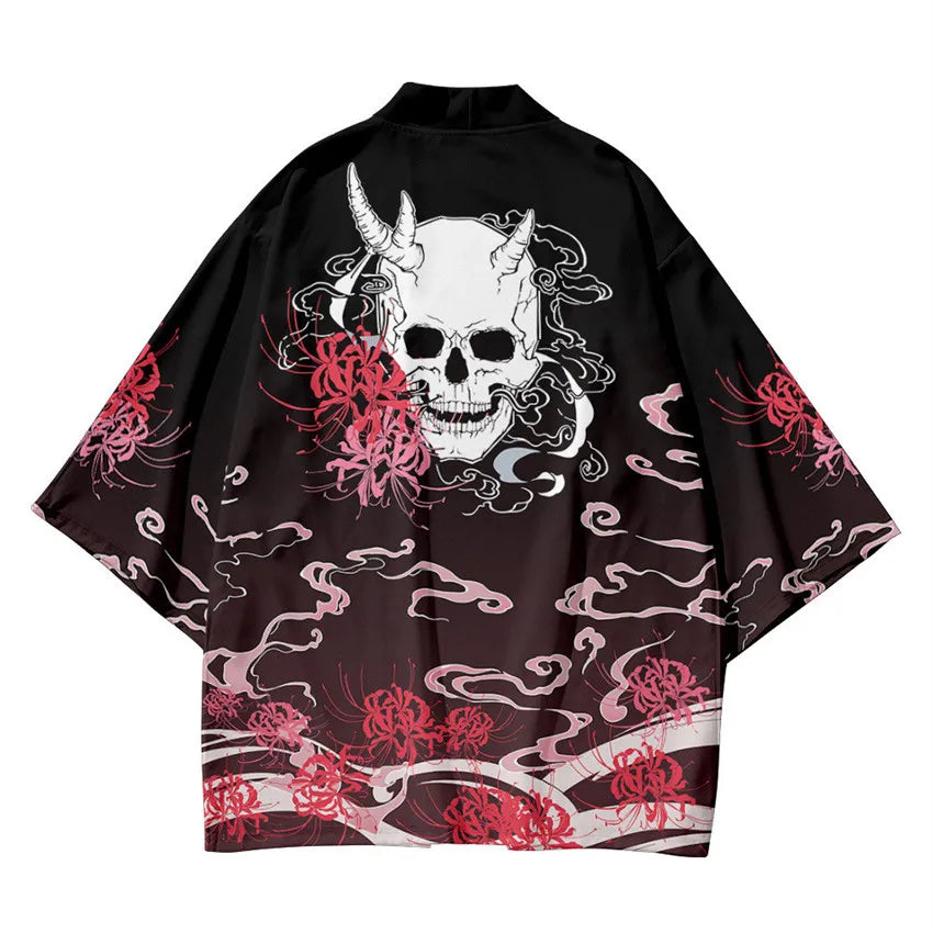 Harajuku Tops Robe Fashion Asian Clothes Anime Demon Print Kimono + Pants Japanese Streetwear Men Women Cardigan Cosplay Haori