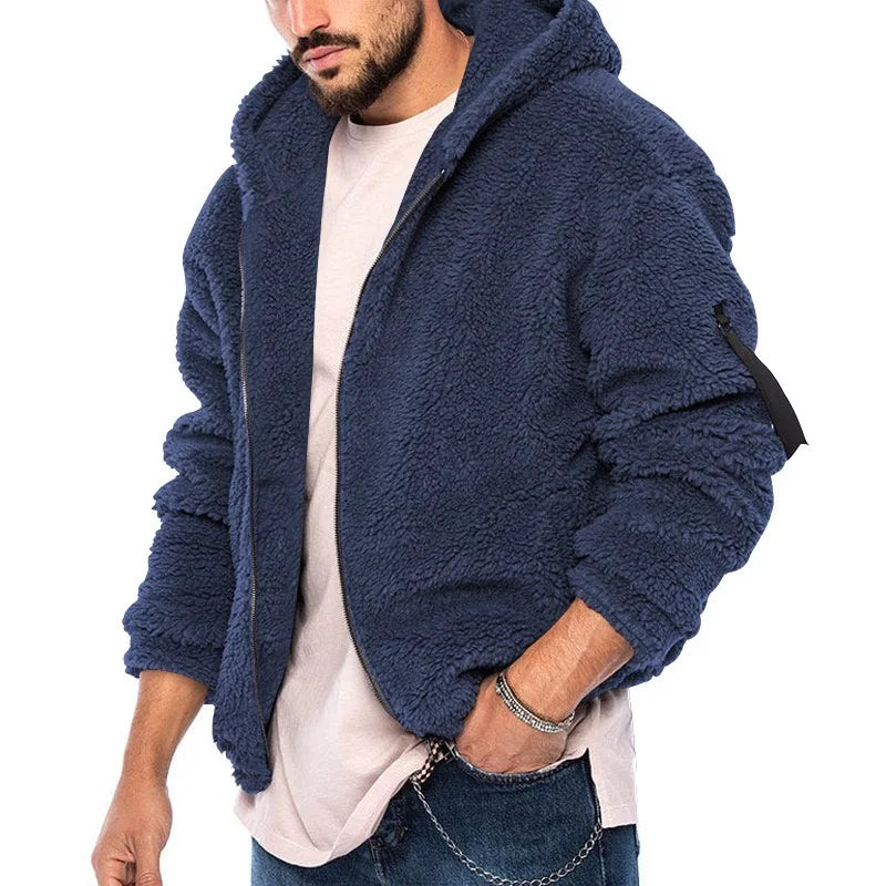 Men's Winter Zipper Fleece Hooded Jacket Vintage Casual Streetwear