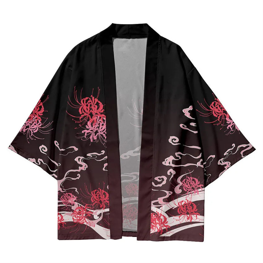 Harajuku Tops Robe Fashion Asian Clothes Anime Demon Print Kimono + Pants Japanese Streetwear Men Women Cardigan Cosplay Haori