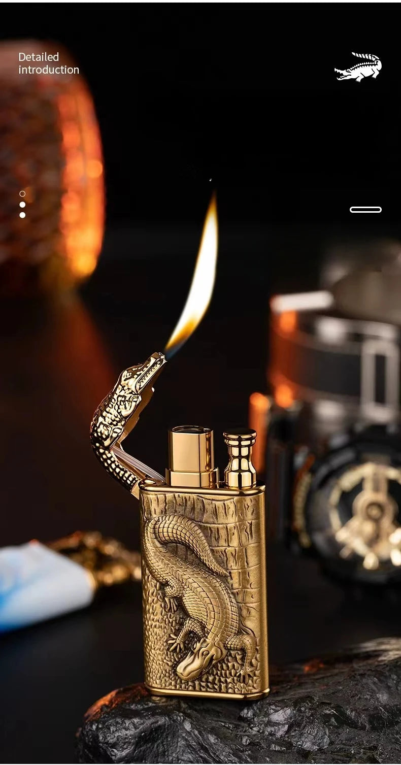 3D Embossed Dragon Crocodile Dual Fire Lighter Metal Windproof Jet Fire Open Flame Convertible Gas Lighter Smoking Men Gift