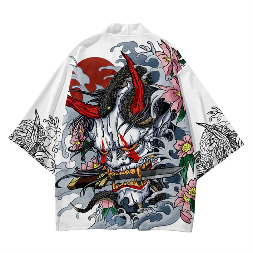 Harajuku Tops Robe Fashion Asian Clothes Anime Demon Print Kimono + Pants Japanese Streetwear Men Women Cardigan Cosplay Haori