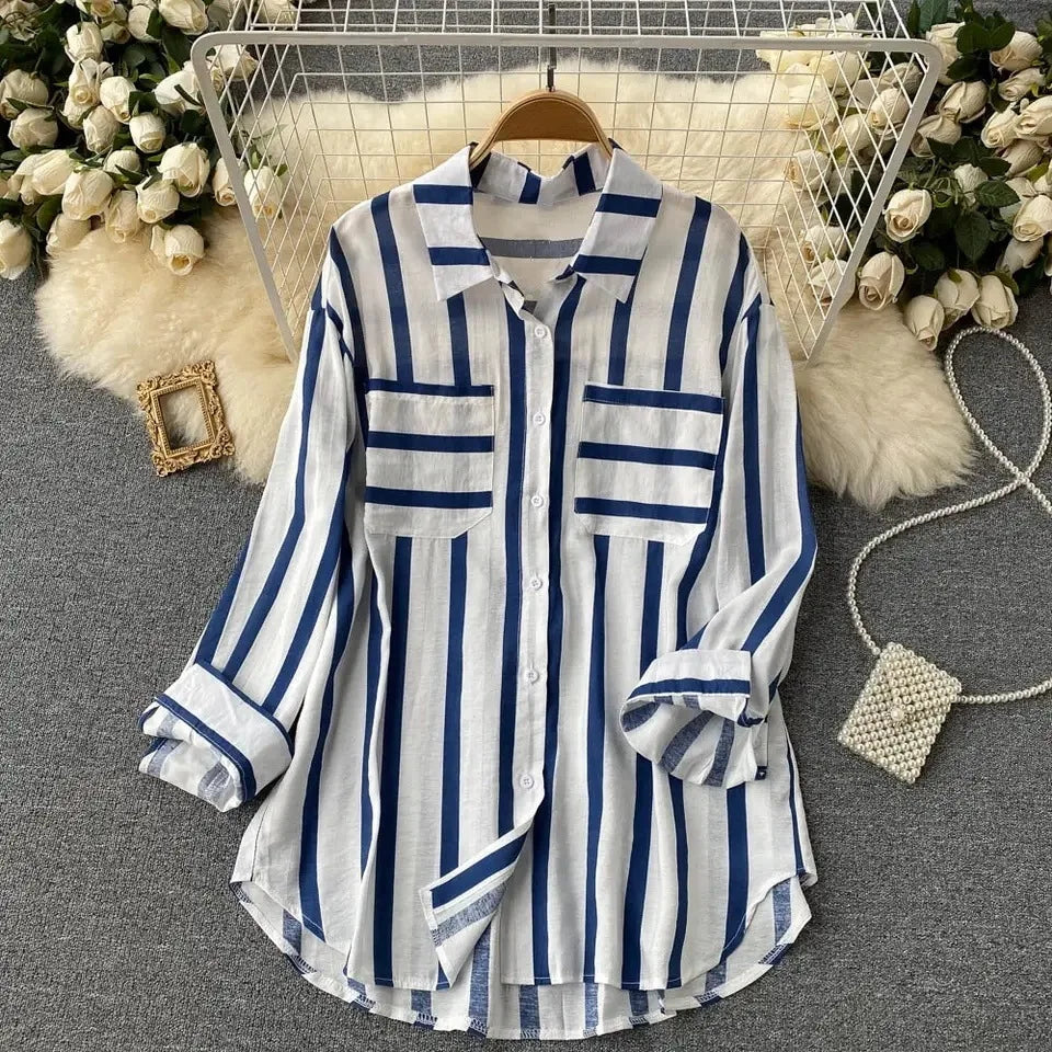 Spring Summer Striped Blouse Fashion Turn-down Collar Long Sleeve Button Top Casual Shirt Female Holiday Loose Tops Shirts New