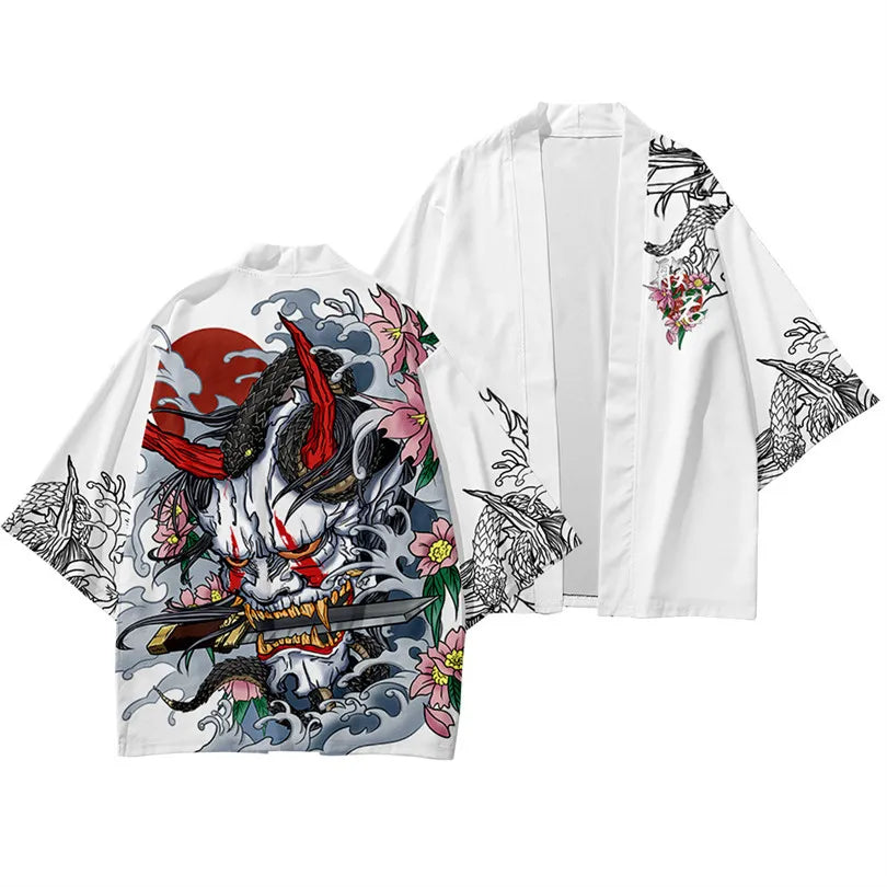 Harajuku Tops Robe Fashion Asian Clothes Anime Demon Print Kimono + Pants Japanese Streetwear Men Women Cardigan Cosplay Haori