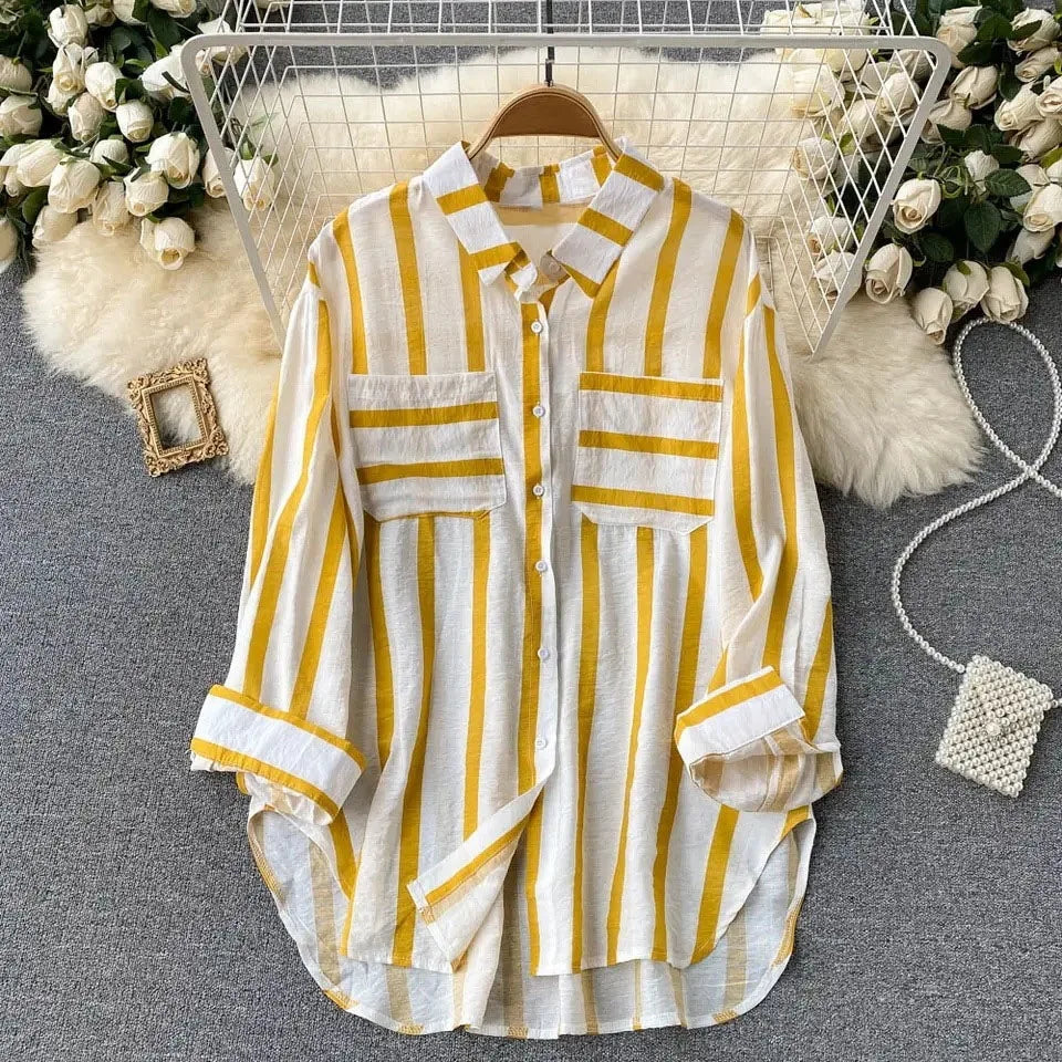 Spring Summer Striped Blouse Fashion Turn-down Collar Long Sleeve Button Top Casual Shirt Female Holiday Loose Tops Shirts New