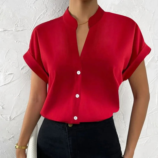 Summer Minimalist Women's V-neck Shirt 2024 Elegant Women's Satin Red Short Sleeved Single Breasted Casual Fitting Office Shirt